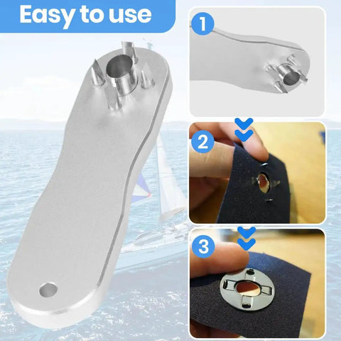 Hammer Activated Hole Punch Tool For Boat Bimini Covers And Canvas Awnings, Extended Handle Fastener Cutter in use