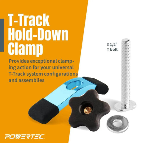 Two Pack Mini T Track Hold Down Clamps For Universal T Slot Systems, 3-5/8 Inch Long By 3/4 Inch Wide, Includes 5/16-18 Bolts, Washers, And 5 Star Knobs, Built For Router Tables, Jigs, Workbenches, And Woodworking Projects, shown with 3-1/2 inch T bolt and washer.