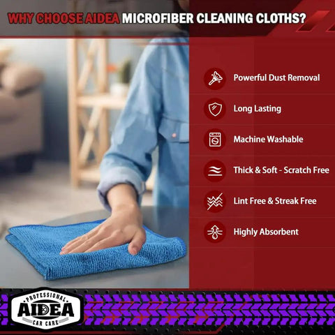 Close-up of Premium Microfiber Cleaning Cloths 50 Pack For Cars Home SUV Windows And Kitchen Ultra Absorbent Quick Dry Rags 12x12 Inches Blue.
