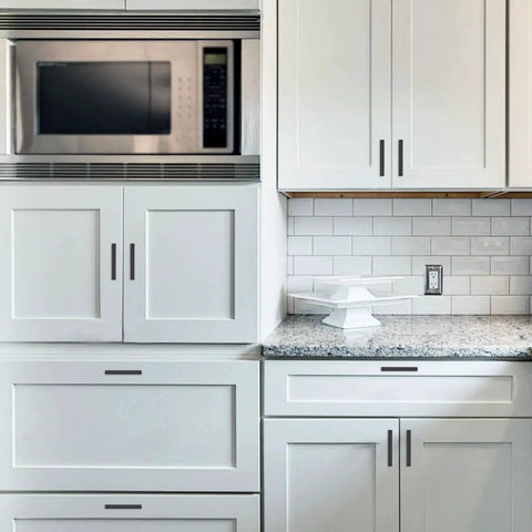 Modern kitchen with Matte Black Cabinet Pulls Set 10 Pack With Knurled Handles 5 Inch Hole Centers Universal Kitchen Cabinet Knobs