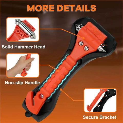 Must Have Emergency Car Safety Hammer Set Of 2 In 1 Window Breaker And Seat Belt Cutter shown with orange handle and solid hammer head