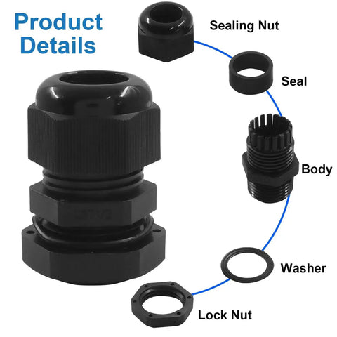 Product details of 12 Pcs Half Inch NPT Nylon Cable Glands Waterproof Adjustable Cord Grips With Locknut And Gaskets.