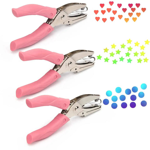 3 Piece Metal Handheld Paper Punch Set With Circle Star Heart Shapes, Durable Non Slip Grip for DIY and Craft Projects