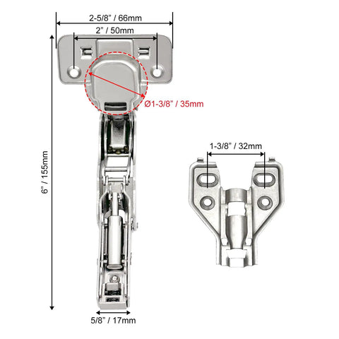 Two Pack 165 Degree Concealed Hydraulic Cabinet Hinges With Soft Close And 3D Adjustable Clip On Mounting dimensions