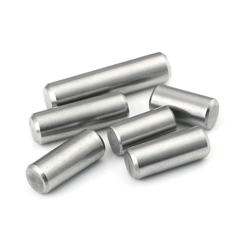 Front view of 304 Stainless Steel Cylindrical Pin Locating Dowel Set, 12 mm diameter, solid shaft, GB119 compliance, 6 pins displayed