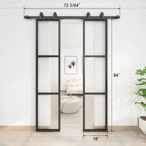 Two Sets Of 18 Inch By 84 Inch Three Paneled Frosted Glass Double Barn Doors With Carbon Steel Frame And Hardware Kit Soft Close Included Easy To Install, front view installed in living space, showing dimensions