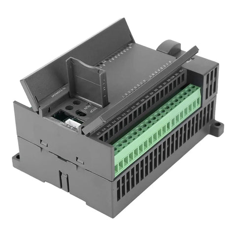Rugged 32 Bit PLC Controller with 16 Digital Inputs and 16 Transistor Outputs, side view showing green connection terminals.