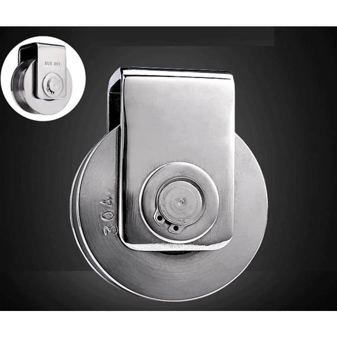 Close-up of Set of 2 Heavy Duty Beefy Groove Wheels H Groove Track Wheel 304 Stainless Steel Sliding Door Roller with 304 imprint