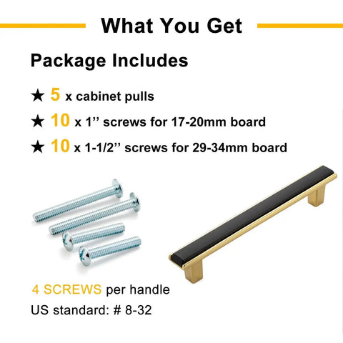 Package contents of Matte Black and Gold Cabinet Pulls Set, 5 Pack: includes 5 pulls and screws for installation on various board sizes.