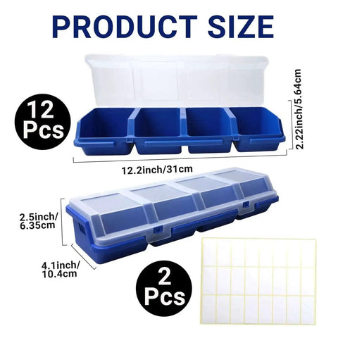12 Pack Screw Organizer Boxes With Lids, Four-Compartment Dividers, Blue Toolbox Style Storage Case shown open and closed