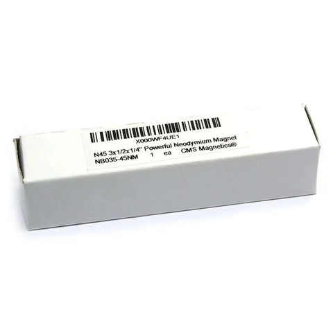 Box of Neodymium Bar Magnet N45 3 By One Half By One Quarter Inch With 3M Foam Adhesive, shown in packaging.