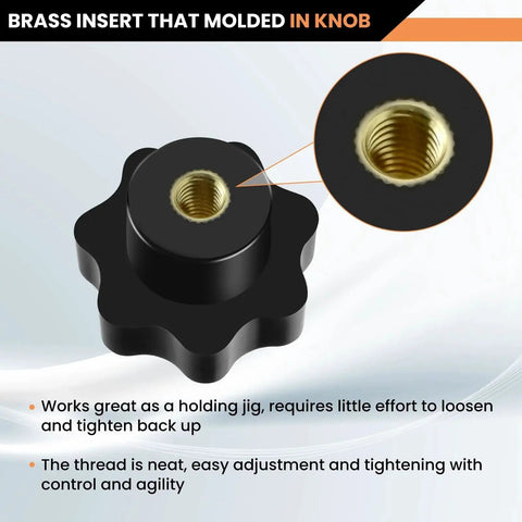 4 Pack M8 Knurled Thread Clamping Knobs With Brass Inserts, close-up view of black knob showing brass insert detail