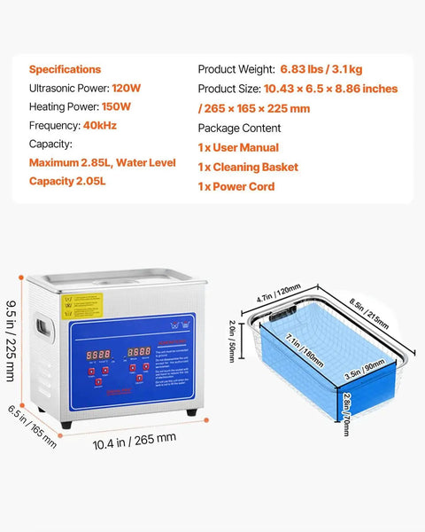 Front view of VEVOR 3L ultrasonic cleaner with stainless steel tank and blue digital control panel