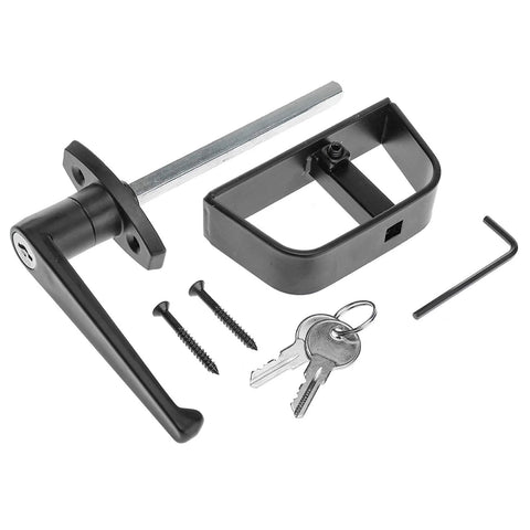 Heavy Duty Shed Door Latch L-Handle Lock Kit With 2 Keys For Barn Doors, visible components include handle, screws, and keys.