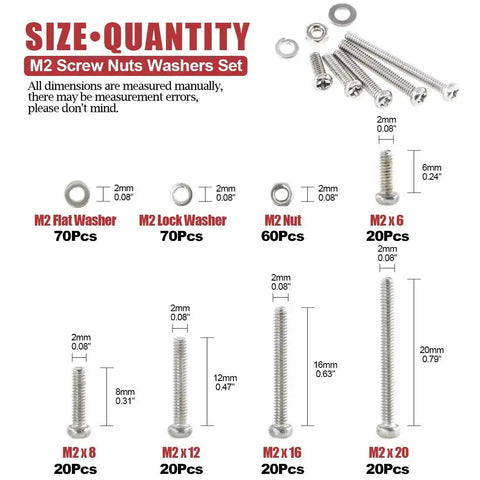 Diagram showing contents of M2 Phillips Pan Head Screws Kit with nuts, washers, and 304 stainless steel, featuring quantity and dimensions.