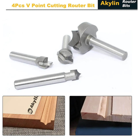 Four Piece One Quarter Inch Shank Roundover Plunge Router Bit Set with various cutting diameters and radii on display.
