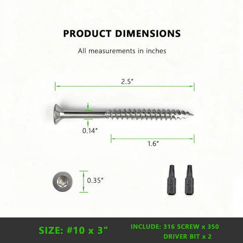 Dimensions of 316 Stainless Steel Wood Screws Marine Grade Deck Screws With Torx T25 Bit 350 Pack for Outdoor Coastal Projects