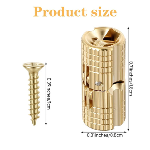Premium Brass Barrel Hinges For Your Cool DIY Adventures Eight Piece Set With Wide 180 Degree Opening Angle Hidden And Concealed Design Perfect For Jewelry Boxes Small Woodworking Projects And Furniture In Durable Rust Resistant Gold Finish Measuring shown with dimensions in inches and cm.