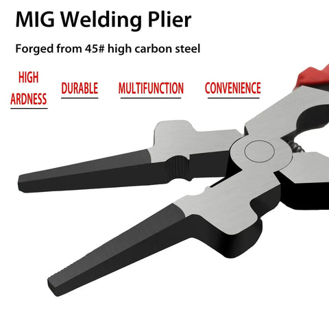 Workhorse Eight Inch MIG Welding Pliers With Insulated Handles for welding and wire cutting, splatter removal, close-up view