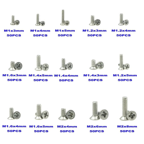 Handy 750 Piece Metric Stainless Steel Phillips Flat Head Machine Screws Assortment Kit M1.0 M1.2 M1.4 M1.6 M2 Sizes