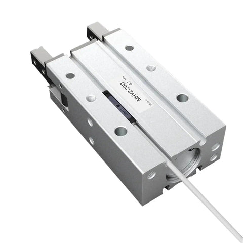Pneumatic finger cylinder HFY6 actuator, aluminum body with mounting holes, angled front view