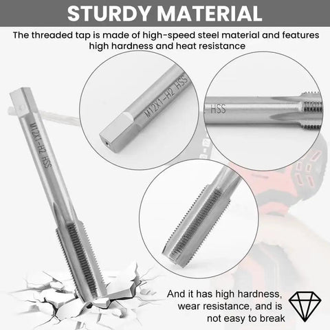 Spark Plug Thread Repair Kit Stainless Steel Rethread Set for M10x1.0 and M12x1.0 Threads Includes 10 Inserts and 1 Tap Automotive Engine Cylinder Head Repair Tool for Cars and DIY Projects showing sturdy steel tap with high hardness and wear resistance.