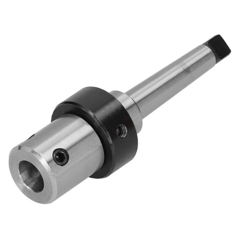 MT2 Morse taper drill sleeve with cooling system and R8 adapter; silver metal with black collar