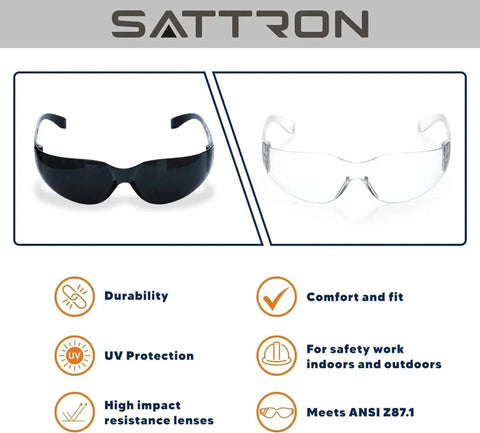 50 Pack Tinted Safety Glasses With Scratch And Impact Resistance Dark UV Protective Lenses For Construction Outdoor Work And Shooting Affordable Eyewear That Blocks Glare And Keeps Your Eyes Safe, showing black and clear frame designs with emphasized features including durability, UV protection, high impact resistance, comfort fit, safety work suitability indoors and outdoors, and ANSI Z87.1 compliance.