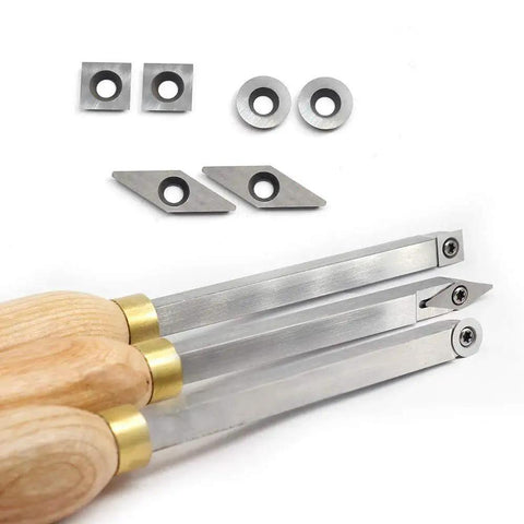 Pro Grade Mini Carbide Wood Turning Tools Set With Comfort Grip Handles For Small To Mid Size Projects Includes Diamond Round And Square Carbide Tips And Allen Key 3 Piece Kit By YUFUTOL showing three tools with wooden handles and carbide tips