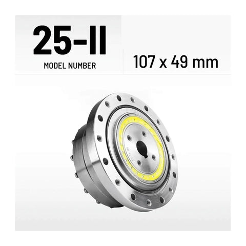 CS-25-II Harmonic Drive Strain Wave Gear Reducer for Automation Stepper Motor, model number shown with dimensions 107x49 mm.