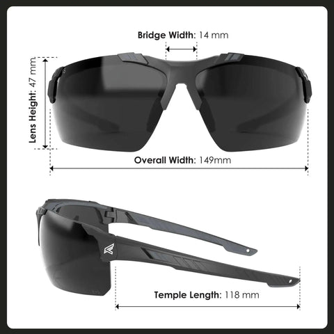 Tacana ANSI Z87.1 Safety Glasses for Men With Anti Fog Lenses, front and side view dimensions, high impact polycarbonate lenses