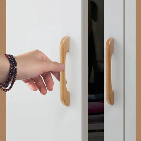 Hand using 4 Pcs Beech Wood Drawer Handles Flat Cabinet Pulls 128mm Center To Center Hole Distance For Furniture Dressers Cabinets Wardrobes