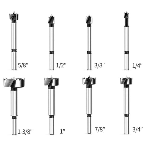 Eight Piece Forstner Bit Set For Woodworking With Center Positioning Delivers Clean Holes Every Time Sizes Range From One Quarter To One And Three Eighths Inch Includes Easy Storage And Fast Drilling For Soft And Hardwood Projects, shown in different sizes from 1/4 inch to 1-3/8 inch.