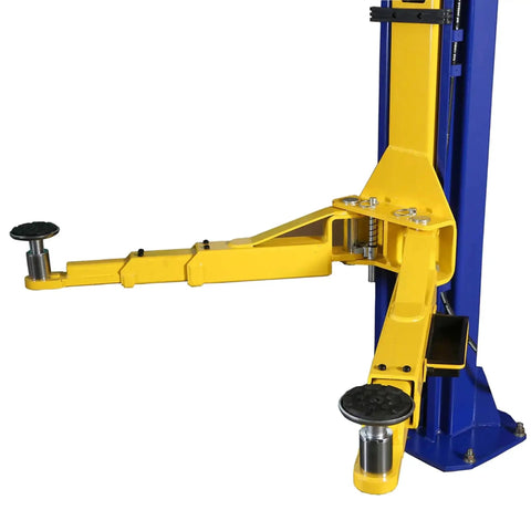 Side view of APlusLift HW-10KOH-A 10,000 lb two-post car lift with yellow arms and blue posts