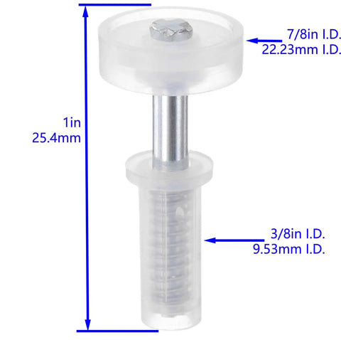 Spring Loaded Bi Fold Door Top Roller Guide Wheel And Top Pivot Kit, shown in acrylic and metal, size dimensions listed