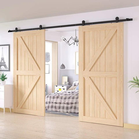 6.6Ft Antique Top Mount Double Sliding Barn Door Hardware Cabinet Kit Black Finish With 79.2In Track installed view