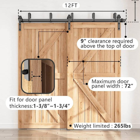 12 Foot Low Ceiling Heavy Duty Beefed Up Sliding Barn Door Hardware Kit With Double Track Bypass For Two Doors in use