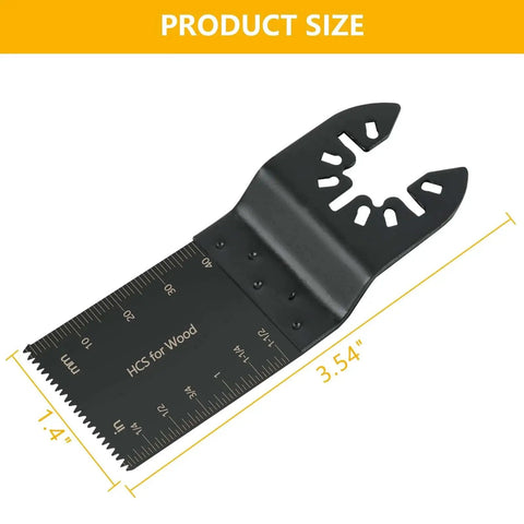 Versatile 100 Piece Oscillating Saw Blade Kit for Wood Metal Plastic with Quick Release Fits Dewalt Ryobi Bosch Milwaukee Universal Oscillating Tool Blades for Any Job in the Workshop Pro Grade shown with measurements of 3.54 inches by 1.4 inches.