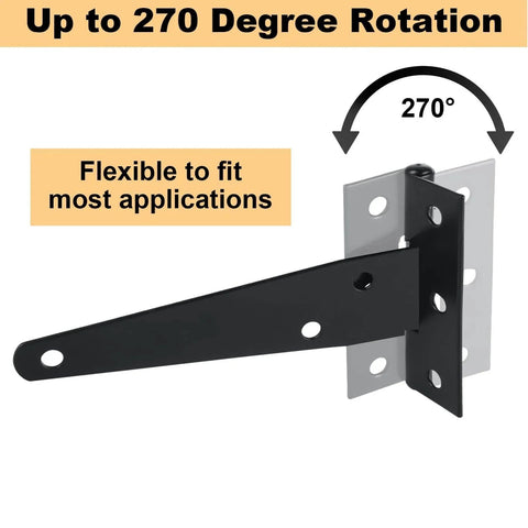 14 Pack 4 Inch T Hinge Heavy Duty Shed Door Hinges showing 270-degree rotation feature, black powder-coated iron construction.