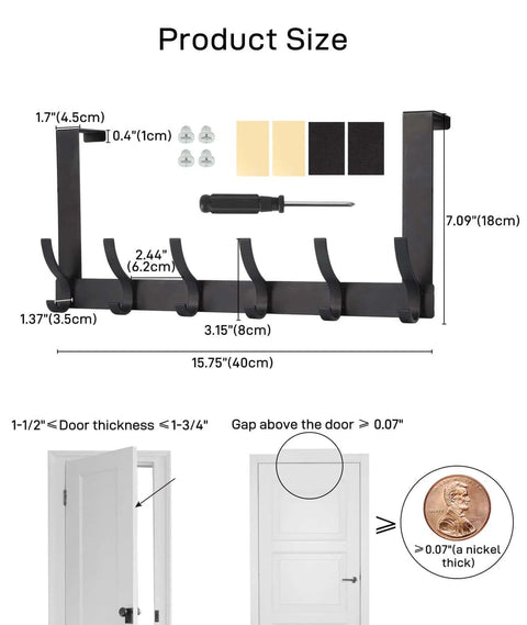 Over-the-door hook rack with product dimensions and installation guide, shown with included hardware and a penny for scale reference.