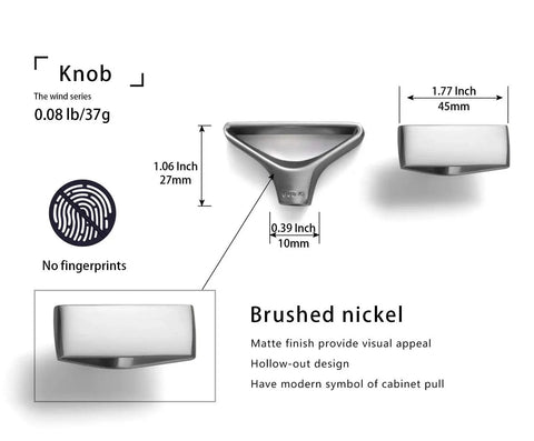 Diagram showing Six Pack Brushed Nickel Triangular Cabinet Knobs With Open Center Design; details include dimensions and no fingerprint feature.