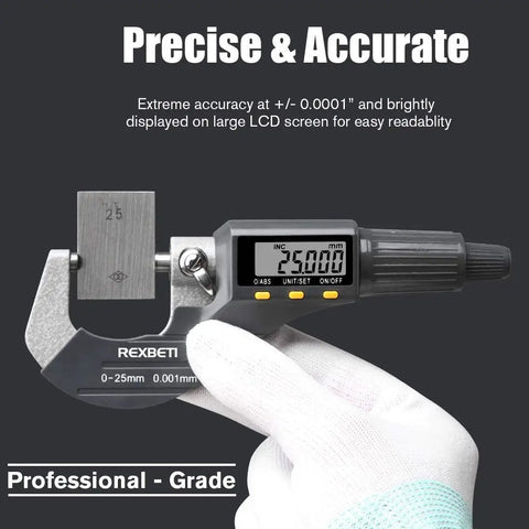 Digital Micrometer For Inch And Metric Measurements With 0 To 1 Inch Range and Large LCD Display, held in gloved hand.