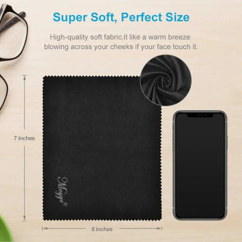 Black microfiber cloth from Eight Pack Microfiber Cleaning Cloths for Glasses and Screens 6x7 Inches next to phone, 6x7 size shown.