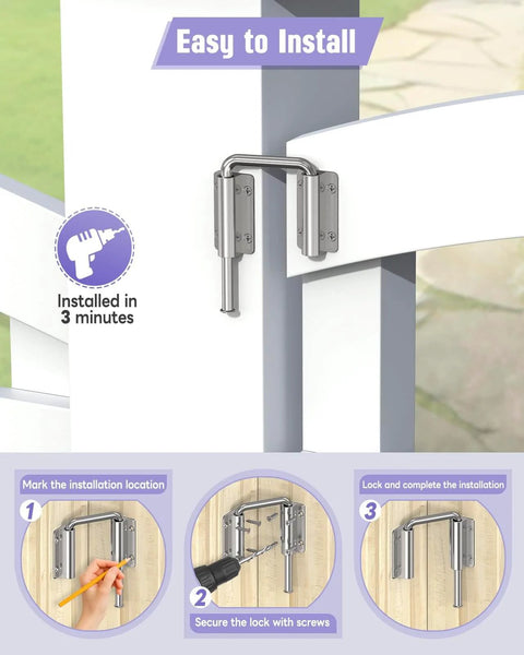 Installation steps for Built Tough Multi Angle Sliding Door Loop Lock for barn doors, aluminum patio U-bolt latch shown on fence.