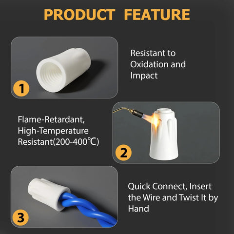 Ceramic wire nut, white hollow cap for high-temperature wiring; three-panel product feature layout.