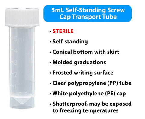 Globe Scientific 5 mL polypropylene transport tube with conical bottom, self-standing, white cap, sterile