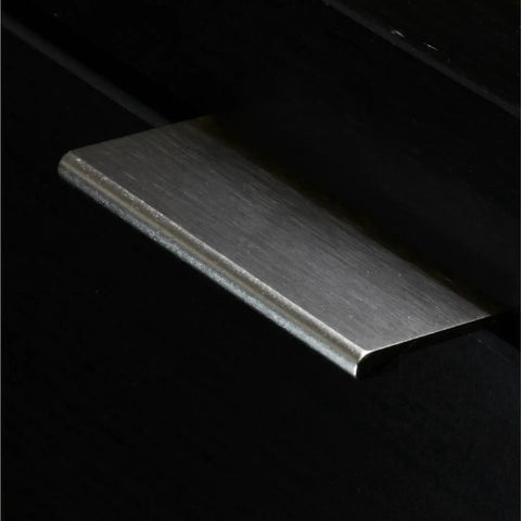 Close-up of brushed stainless steel finger edge pull handle installed on dark cabinet. Part of Finger Edge Pull Handle Set, 10 Pack.