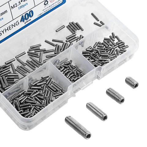 Huge 400 Piece M2.5 By Four, Six, Eight And Ten Millimeter A2-70 Stainless Steel Cup Point Grub Screws Set With Allen Head Hex Socket Assortment Kit DIN916 GB80 For DIY Projects in a plastic organizer.