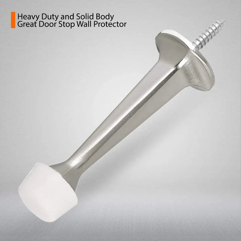 2 Pack Solid Rigid Door Stops With Soft Rubber Tips Wall Protector Satin Nickel, close-up of single door stop with screw