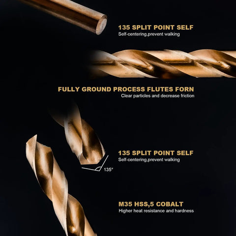 Close-up of a 26 Piece Cobalt M35 HSS Letter Drill Bit Set A Through Z With Indexed Metal Case For Hardened Metal Stainless Steel Cast Iron Plastic And Wood, highlighting the 135-degree split point and M35 HSS composition.